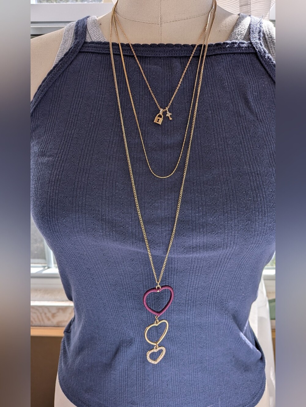Lot of 3 Gold Tone Necklaces Lock & Key, Triple Heart Pendant, Flat Chain Set